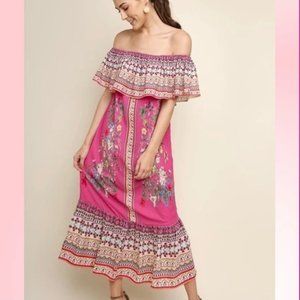 Umgee My Heart Off Shoulder Pink Floral Maxi Dress Size S